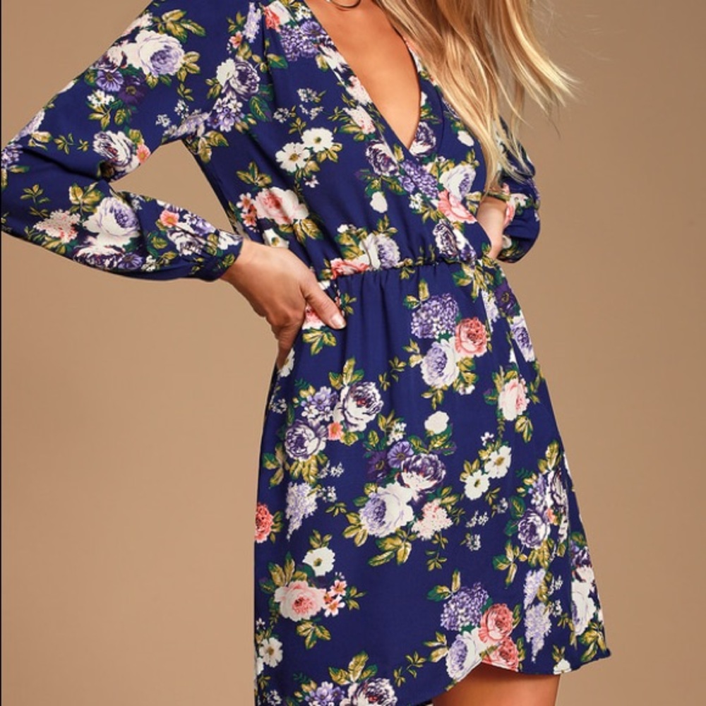 Lulu’s Womens Size Small That's a Wrap Navy Blue Floral Print Dress